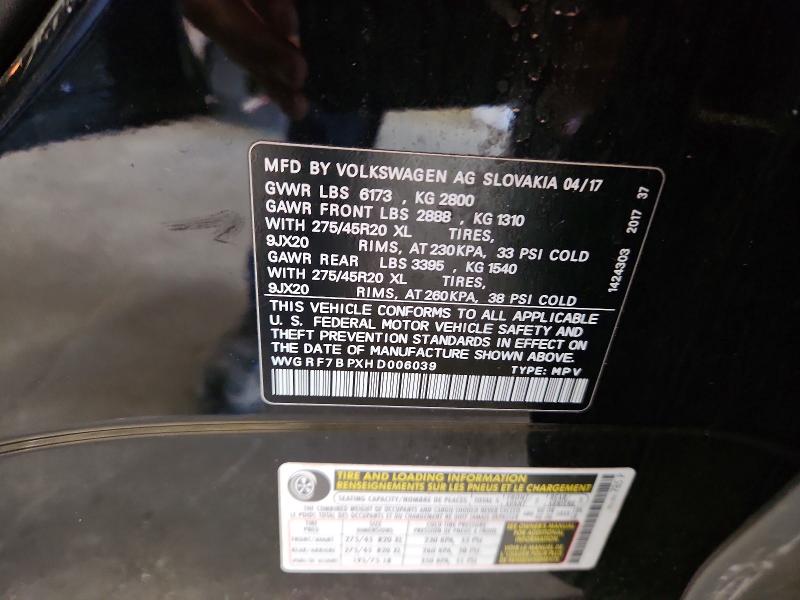 Aukcja sprzedaży 2017 Volkswagen Touareg, vin: WVGRF7BPXHD006039, numer aukcji: 54510916