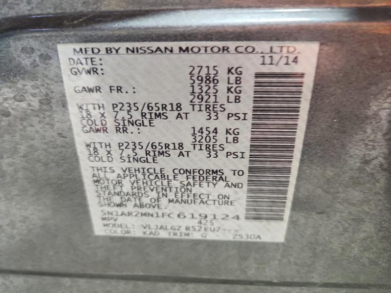 54181286 :رقم المزاد ، 5N1AR2MN1FC619124 vin ، 2015 Nissan Pathfinder مزاد بيع