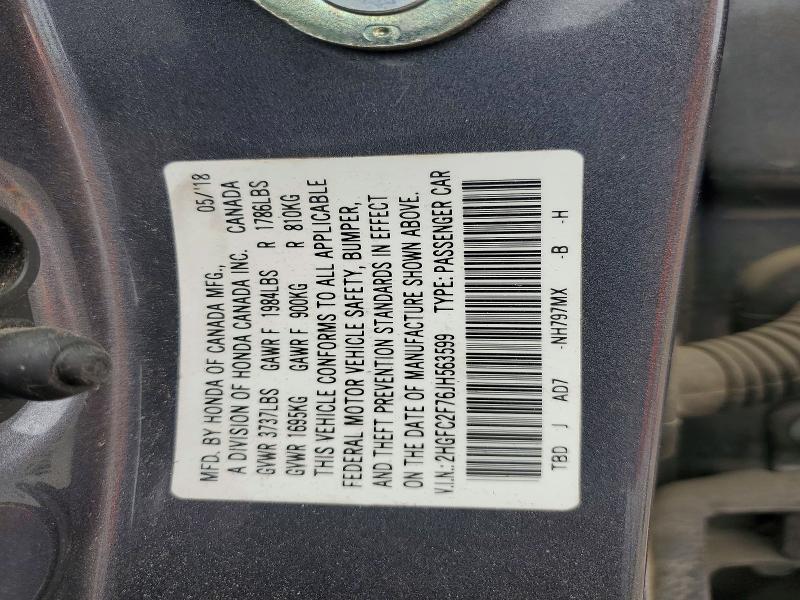 Продаж на аукціоні авто 2018 Honda Civic, vin: 2HGFC2F76JH563599, номер лоту: 52367046