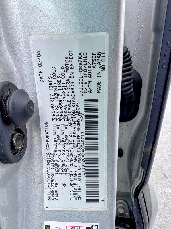 2004 Lexus Gx მანქანა იყიდება აუქციონზე, vin: JTJBT20XX40040713, აუქციონის ნომერი: 53463656