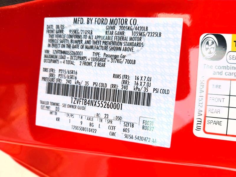 Продаж на аукціоні авто 2005 Ford Mustang, vin: 1ZVFT84NX55260001, номер лоту: 54837626