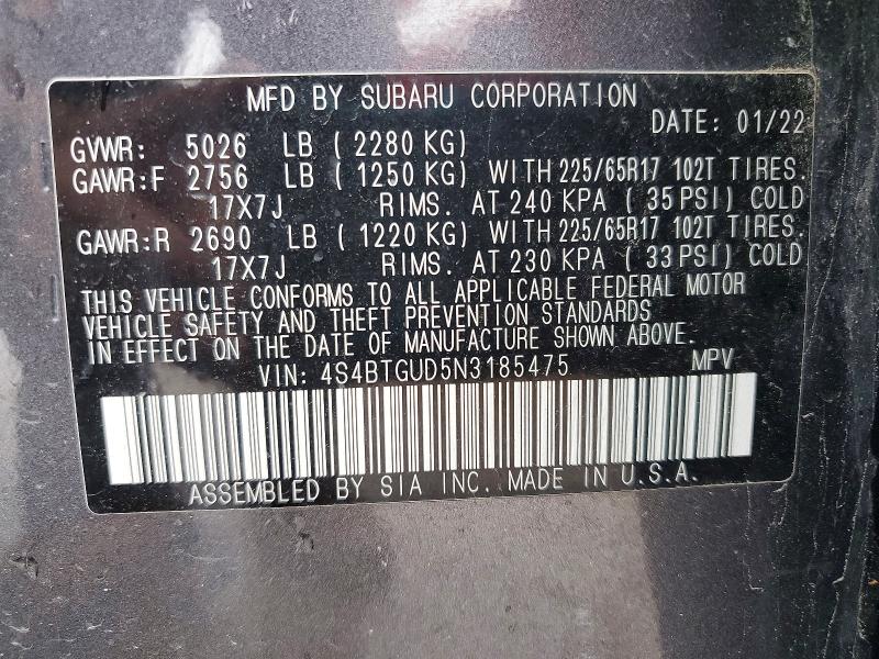 Продаж на аукціоні авто 2022 Subaru Outback, vin: 4S4BTGUD5N3185475, номер лоту: 55421436
