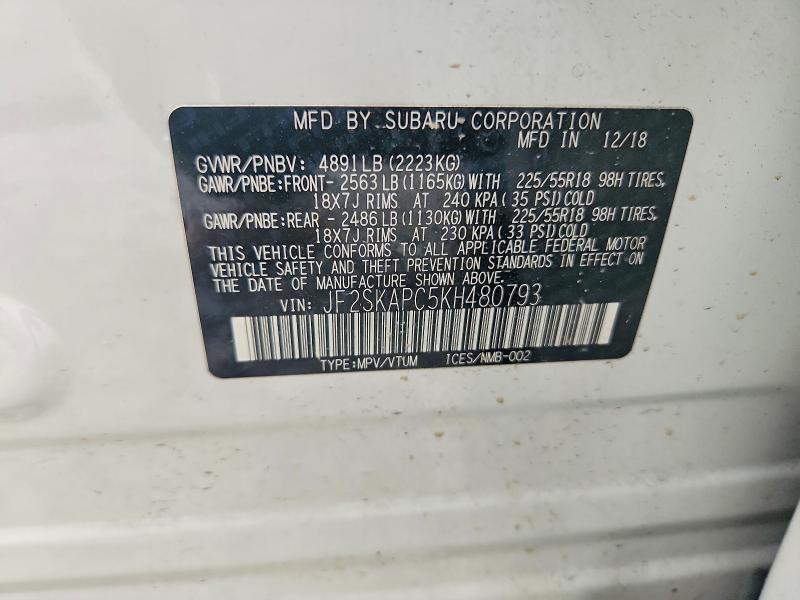 Aukcja sprzedaży 2019 Subaru Forester, vin: JF2SKAPC5KH480793, numer aukcji: 54126916