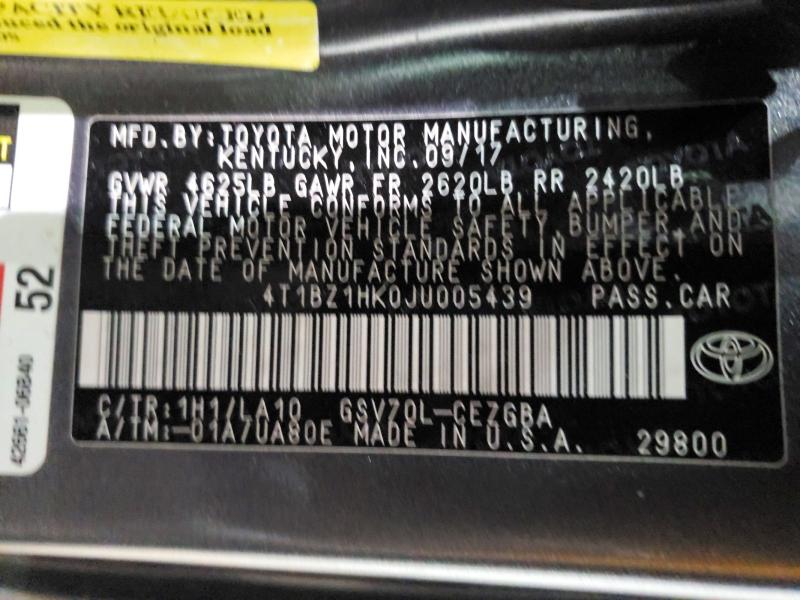 2018 Toyota Camry მანქანა იყიდება აუქციონზე, vin: 4T1BZ1HK0JU005439, აუქციონის ნომერი: 52326476