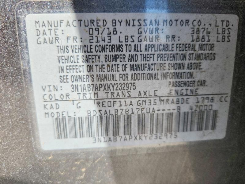 53431626 :رقم المزاد ، 3N1AB7APXKY232975 vin ، 2019 Nissan Sentra مزاد بيع