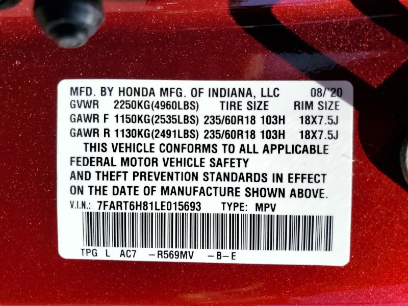 53961246 :رقم المزاد ، 7FART6H81LE015693 vin ، 2020 Honda Cr-v مزاد بيع