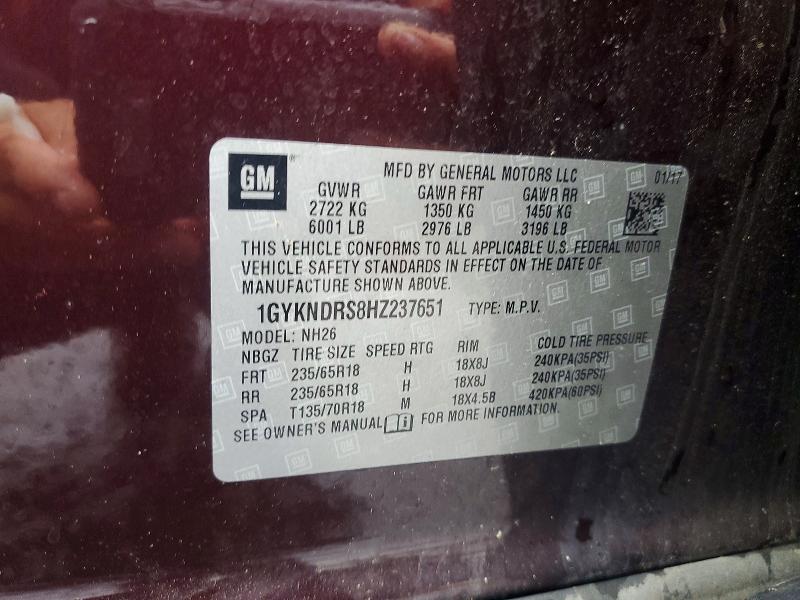 52926546 :رقم المزاد ، 1GYKNDRS8HZ237651 vin ، 2017 Cadillac Xt5 مزاد بيع