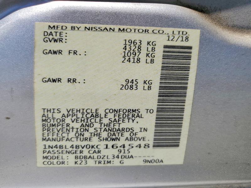 Продаж на аукціоні авто 2019 Nissan Altima, vin: 1N4BL4BV0KC164548, номер лоту: 52375106