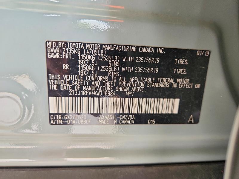 Продажа на аукционе авто 2019 Toyota Rav4, vin: 2T3J1RFV4KW016984, номер лота: 54966736