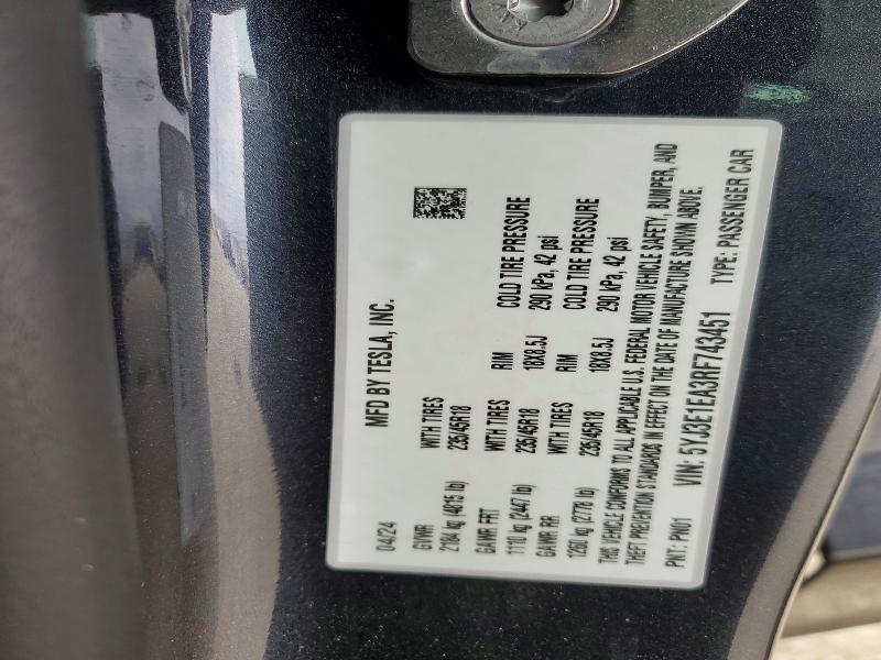 2024 Tesla Model 3 მანქანა იყიდება აუქციონზე, vin: 5YJ3E1EA3RF743451, აუქციონის ნომერი: 51654446