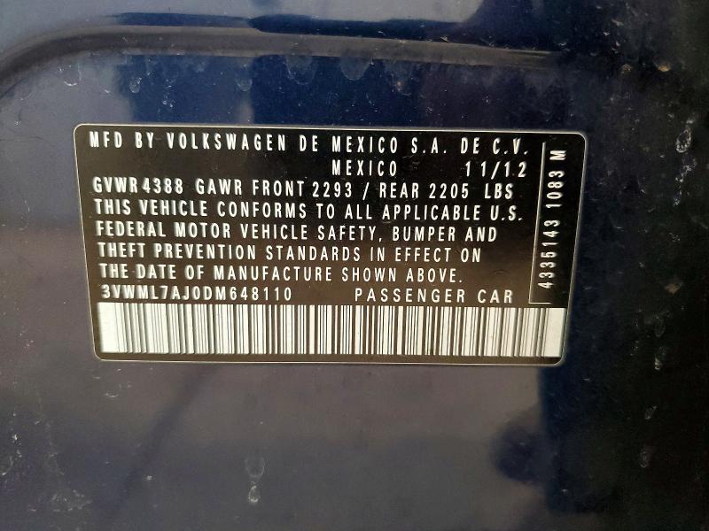 52397976 :رقم المزاد ، 3VWML7AJ0DM648110 vin ، 2013 Volkswagen Jetta مزاد بيع