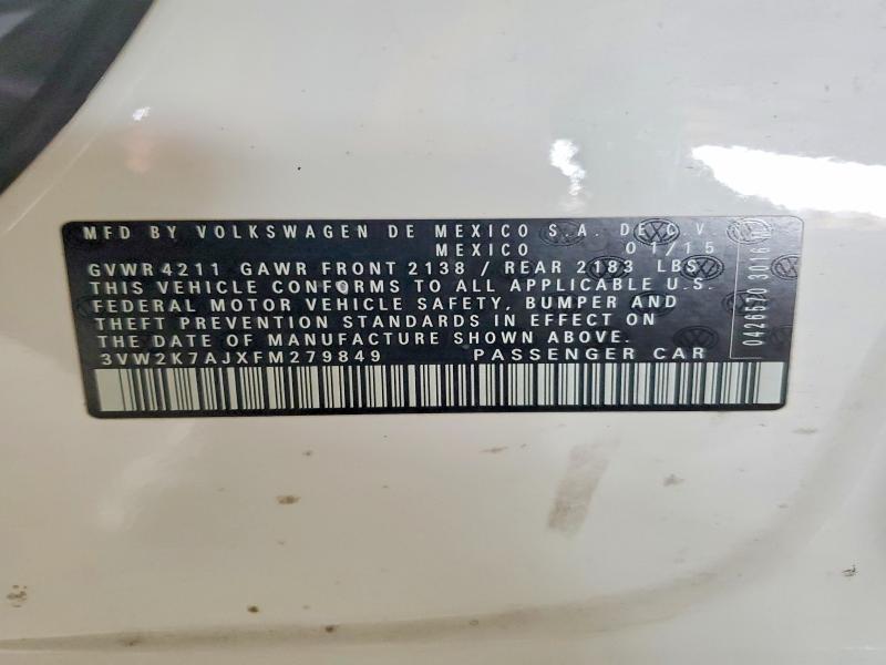 52060216 :رقم المزاد ، 3VW2K7AJXFM279849 vin ، 2015 Volkswagen Jetta مزاد بيع