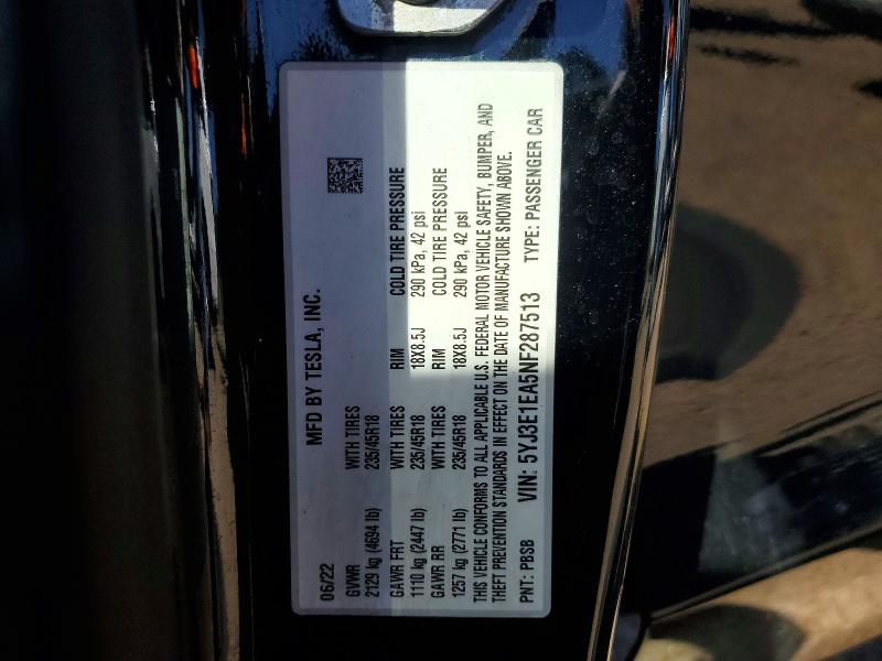 Aukcja sprzedaży 2022 Tesla Model 3, vin: 5YJ3E1EA5NF287513, numer aukcji: 53539496