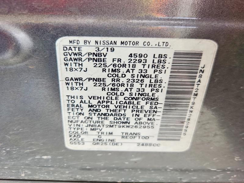 2019 Nissan Rogue მანქანა იყიდება აუქციონზე, vin: JN8AT2MT9KW262955, აუქციონის ნომერი: 52549646