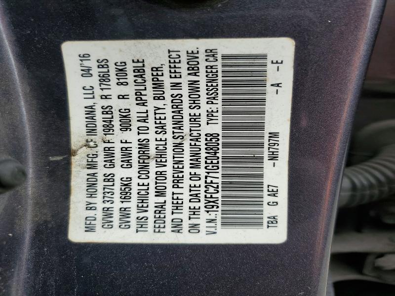 2016 Honda Civic მანქანა იყიდება აუქციონზე, vin: 19XFC2F71GE048058, აუქციონის ნომერი: 52228126