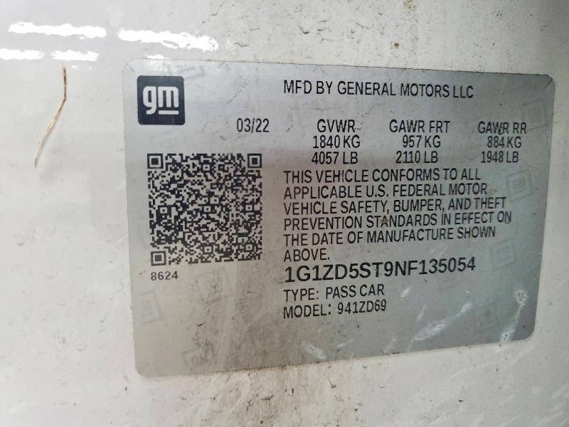 55049736 :رقم المزاد ، 1G1ZD5ST9NF135054 vin ، 2022 Chevrolet Malibu مزاد بيع