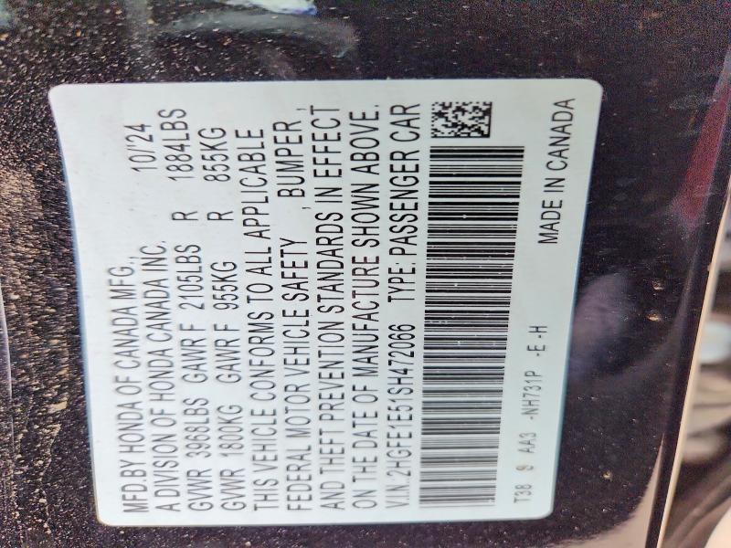 Продаж на аукціоні авто 2025 Honda Civic, vin: 2HGFE1E51SH472066, номер лоту: 54184066