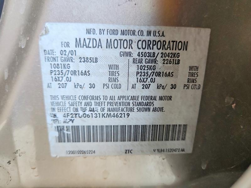 Aukcja sprzedaży 2001 Mazda Tribute, vin: 4F2YU06131KM46219, numer aukcji: 53233406