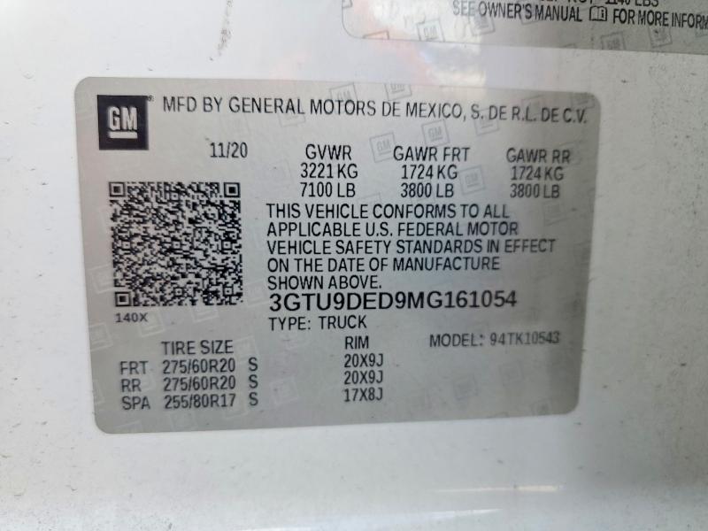 Aukcja sprzedaży 2021 Gmc Sierra, vin: 3GTU9DED9MG161054, numer aukcji: 54666756