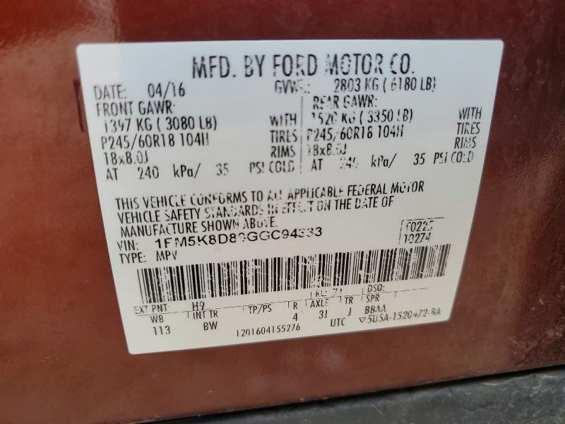2016 Ford Explorer Xlt მანქანა იყიდება აუქციონზე, vin: 1FM5K8D89GGC94333, აუქციონის ნომერი: 54089406