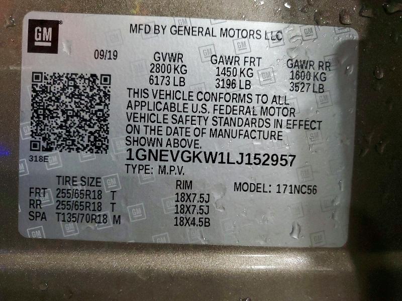 54655896 :رقم المزاد ، 1GNEVGKW1LJ152957 vin ، 2020 Chevrolet Traverse مزاد بيع