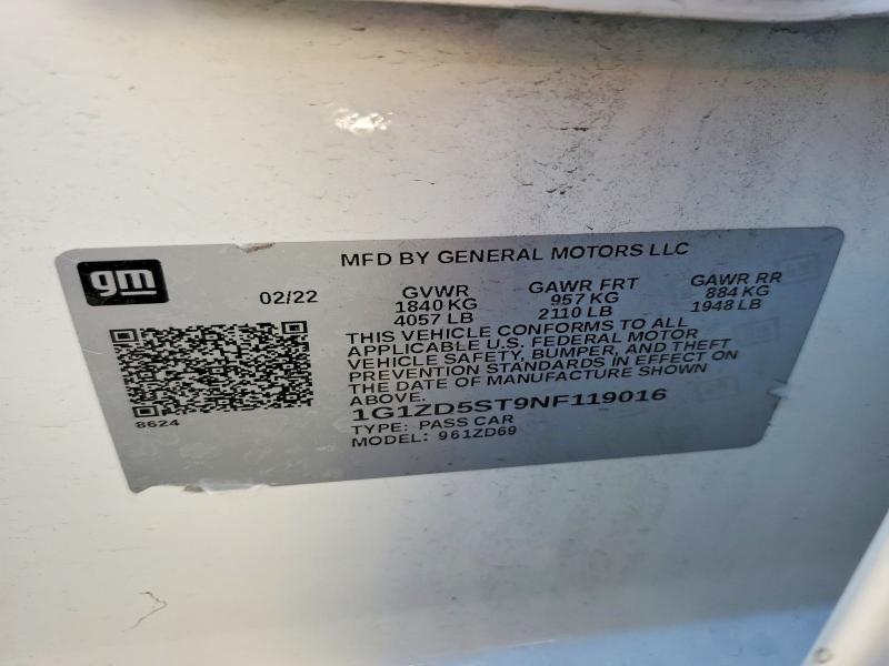 54538586 :رقم المزاد ، 1G1ZD5ST9NF119016 vin ، 2022 Chevrolet Malibu مزاد بيع