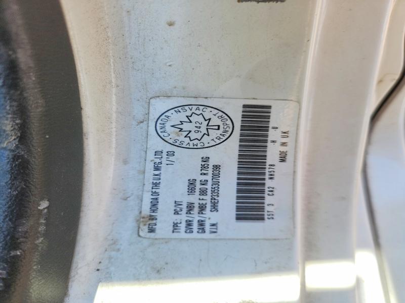 Aukcja sprzedaży 2003 Honda Civic, vin: SHHEP33553U700398, numer aukcji: 53617066