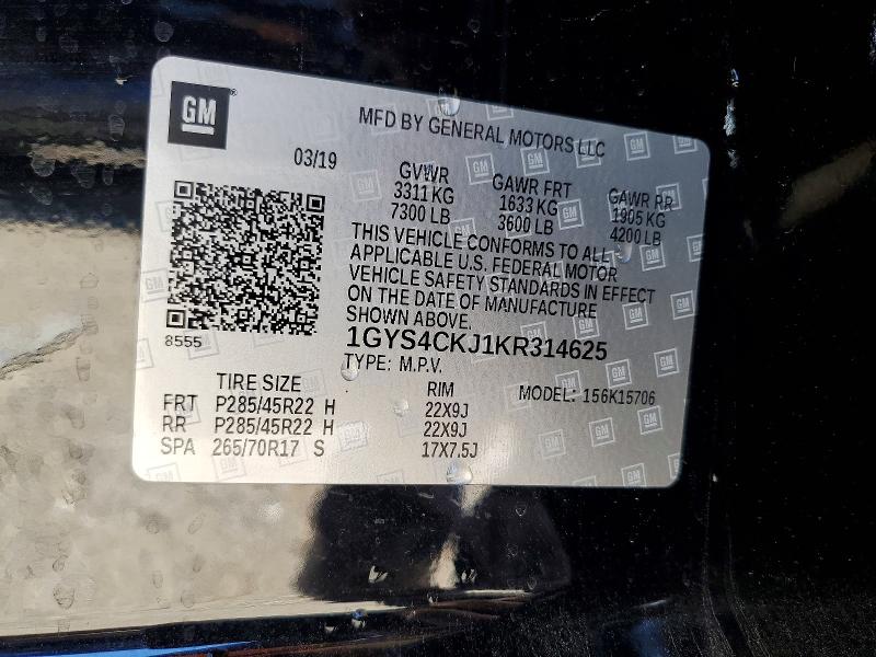 52931316 :رقم المزاد ، 1GYS4CKJ1KR314625 vin ، 2019 Cadillac Escalade مزاد بيع