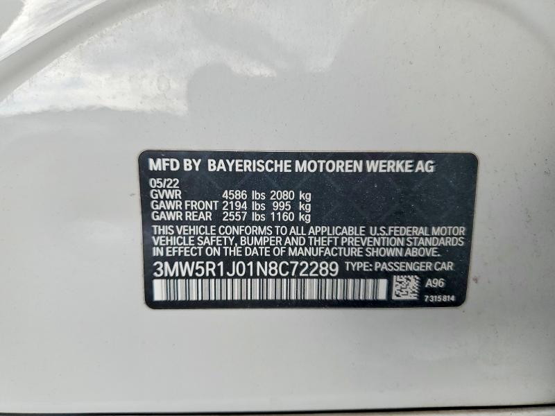 Aukcja sprzedaży 2022 Bmw 330i, vin: 3MW5R1J01N8C72289, numer aukcji: 52585256