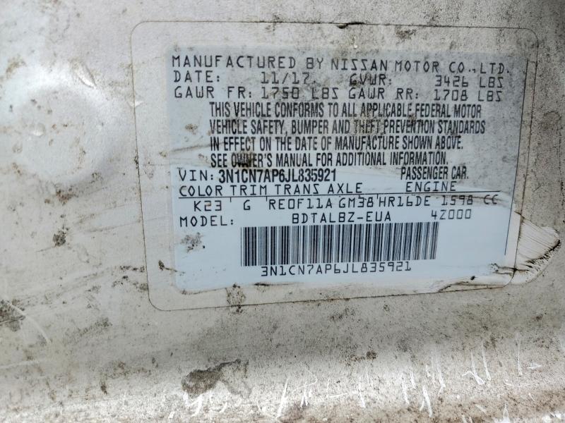 2018 Nissan Versa მანქანა იყიდება აუქციონზე, vin: 3N1CN7AP6JL835921, აუქციონის ნომერი: 52018656