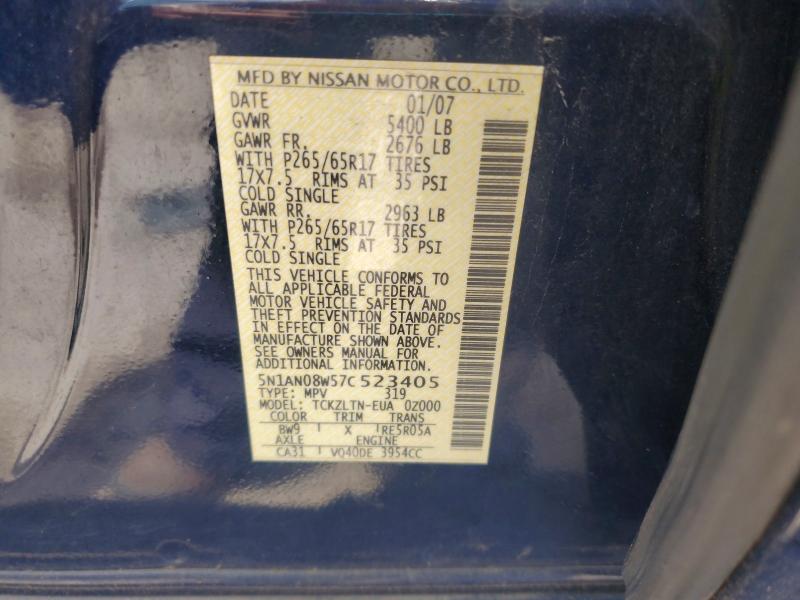 2007 Nissan Xterra მანქანა იყიდება აუქციონზე, vin: 5N1AN08W57C523405, აუქციონის ნომერი: 55364896