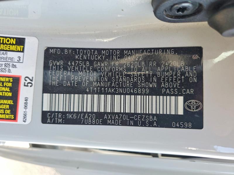 Auction sale of the 2022 Toyota Camry, vin: 4T1T11AK3NU046899, lot number: 52226246