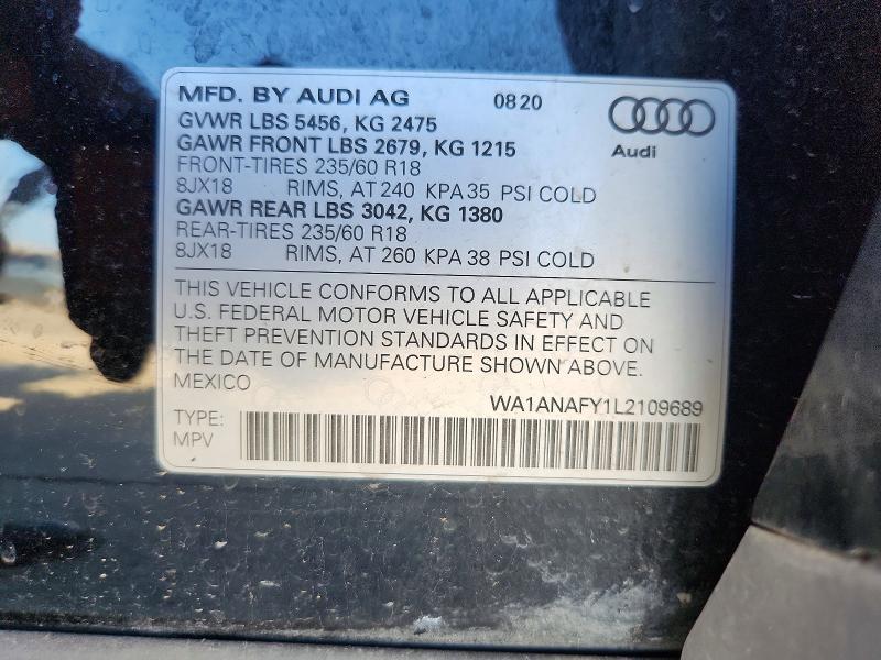 53425336 :رقم المزاد ، WA1ANAFY1L2109689 vin ، 2020 Audi Q5 مزاد بيع