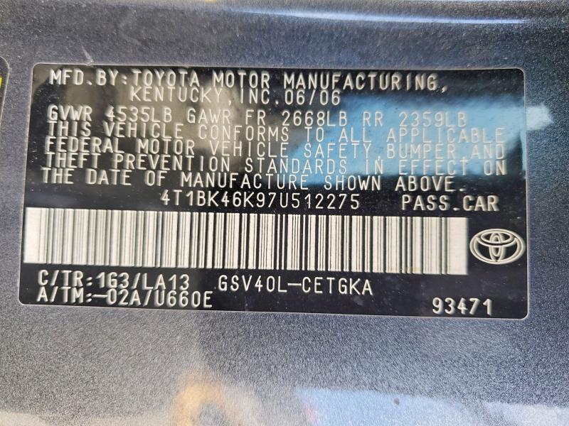Aukcja sprzedaży 2007 Toyota Camry, vin: 4T1BK46K97U512275, numer aukcji: 53912126
