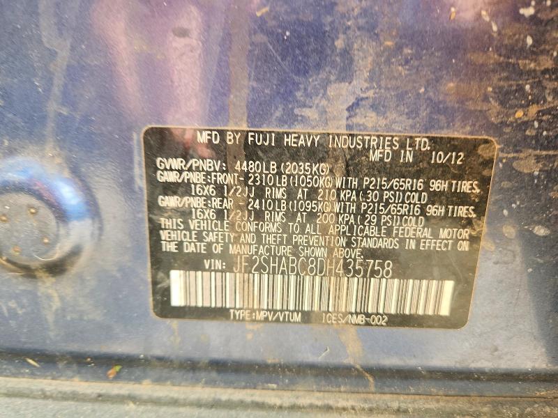 2013 Subaru Forester მანქანა იყიდება აუქციონზე, vin: JF2SHABC8DH435758, აუქციონის ნომერი: 53187976