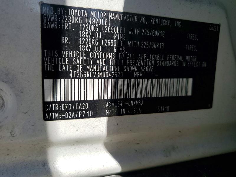 Aukcja sprzedaży 2021 Toyota Rav4 Hybrid, vin: 4T3B6RFV3MU042629, numer aukcji: 51822676