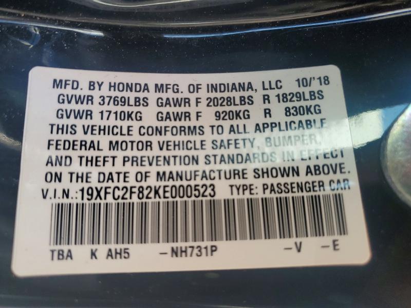 55076066 :رقم المزاد ، 19XFC2F82KE000523 vin ، 2019 Honda Civic مزاد بيع