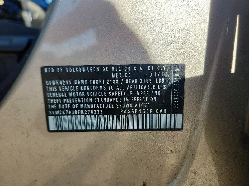 2015 Volkswagen Jetta მანქანა იყიდება აუქციონზე, vin: 3VW2K7AJ8FM278232, აუქციონის ნომერი: 55015116