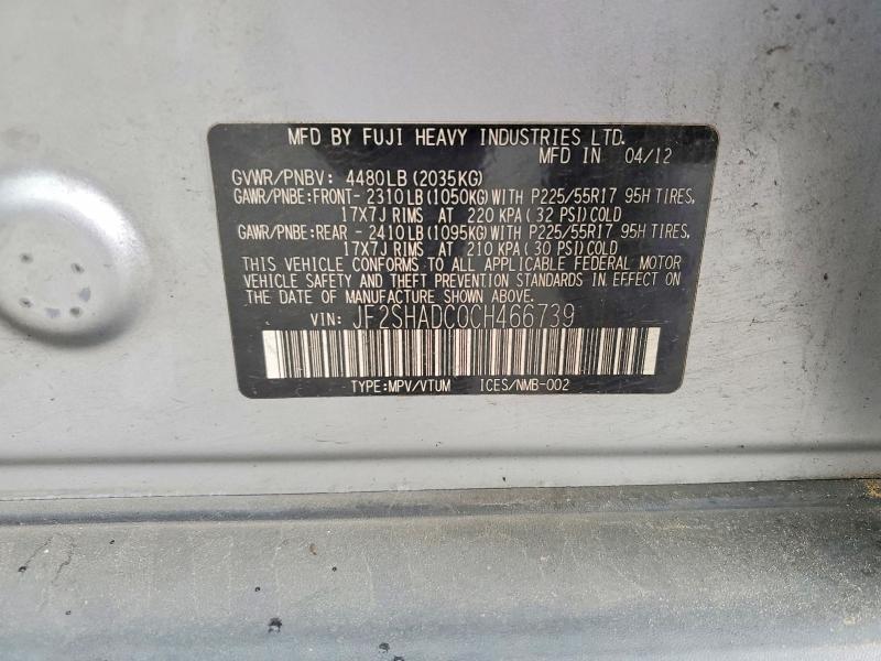 2012 Subaru Forester მანქანა იყიდება აუქციონზე, vin: JF2SHADC0CH466739, აუქციონის ნომერი: 53833156