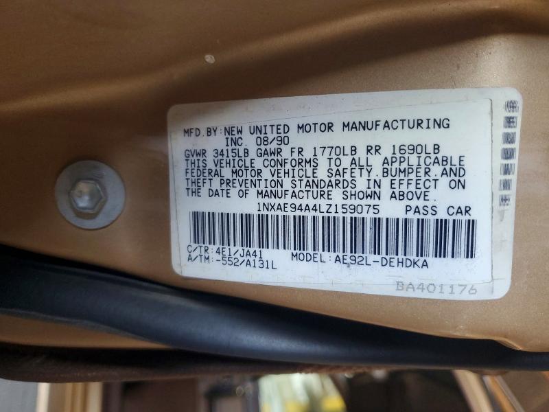 Aukcja sprzedaży 1990 Toyota Corolla, vin: 1NXAE94A4LZ159075, numer aukcji: 52879366