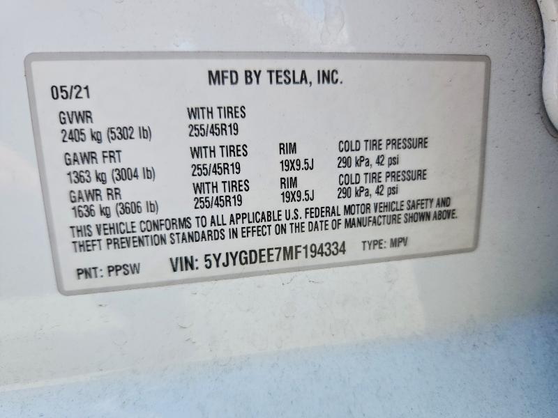 2021 Tesla Model Y მანქანა იყიდება აუქციონზე, vin: 5YJYGDEE7MF194334, აუქციონის ნომერი: 55174896