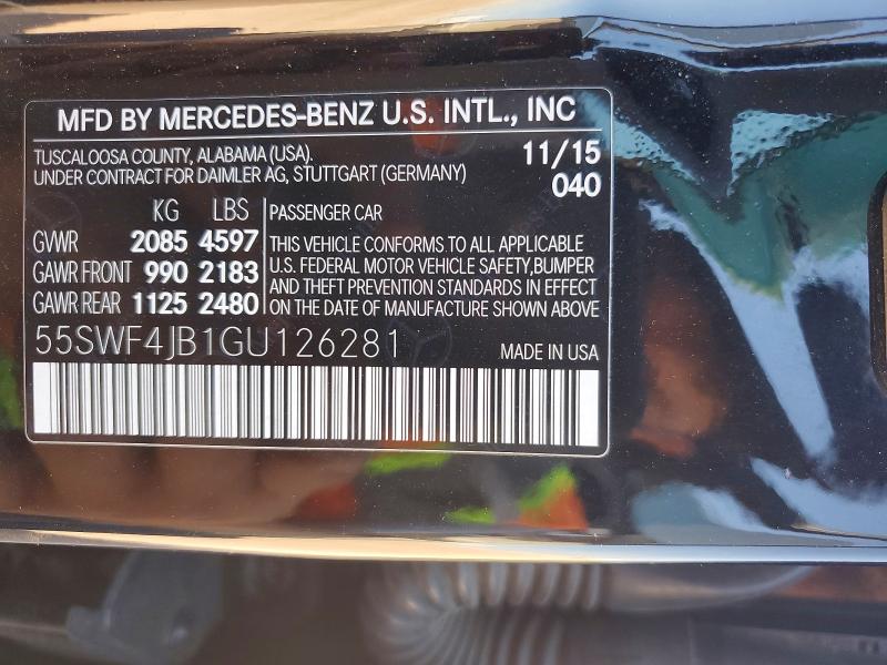 2016 Mercedes-benz C მანქანა იყიდება აუქციონზე, vin: 55SWF4JB1GU126281, აუქციონის ნომერი: 54501996