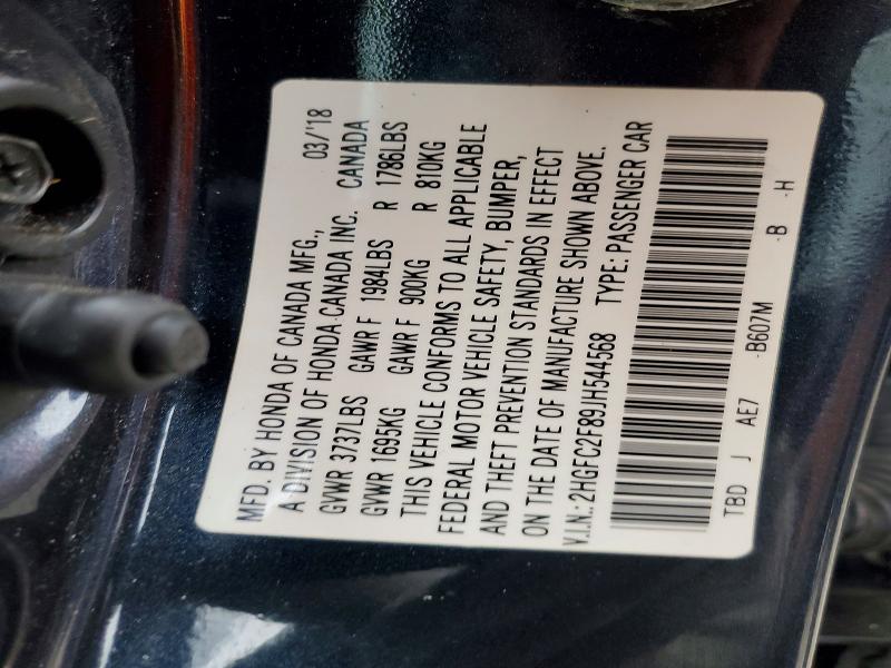 2018 Honda Civic მანქანა იყიდება აუქციონზე, vin: 2HGFC2F89JH544568, აუქციონის ნომერი: 53249116