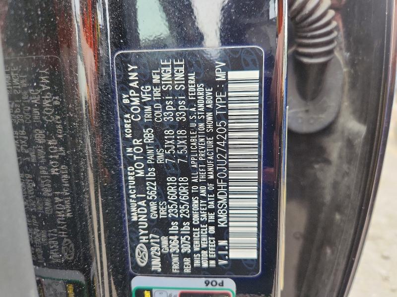 53433036 :رقم المزاد ، KM8SMDHF0JU274205 vin ، 2018 Hyundai Santa Fe مزاد بيع