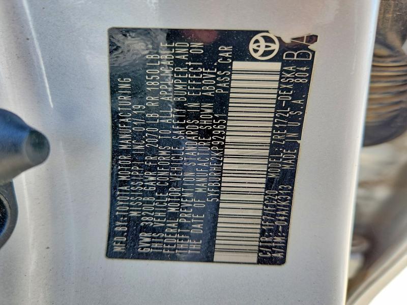 52494946 :رقم المزاد ، 5YFBURHE2KP929651 vin ، 2019 Toyota Corolla مزاد بيع