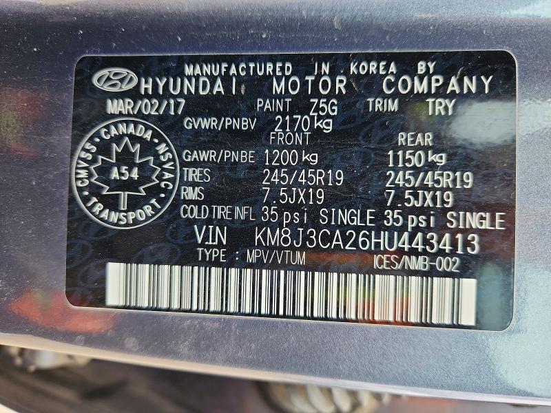 54443806 :رقم المزاد ، KM8J3CA26HU443413 vin ، 2017 Hyundai Tucson مزاد بيع