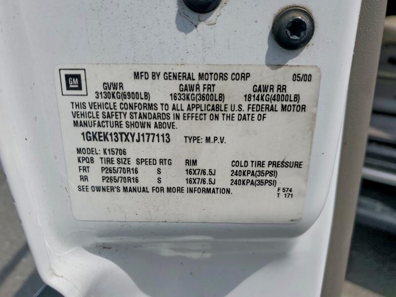 Aukcja sprzedaży 2000 Gmc Yukon, vin: 1GKEK13TXYJ177113, numer aukcji: 52299506