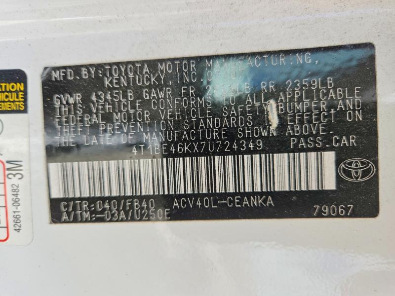 2007 Toyota Camry მანქანა იყიდება აუქციონზე, vin: 4T1BE46KX7U724349, აუქციონის ნომერი: 54905866