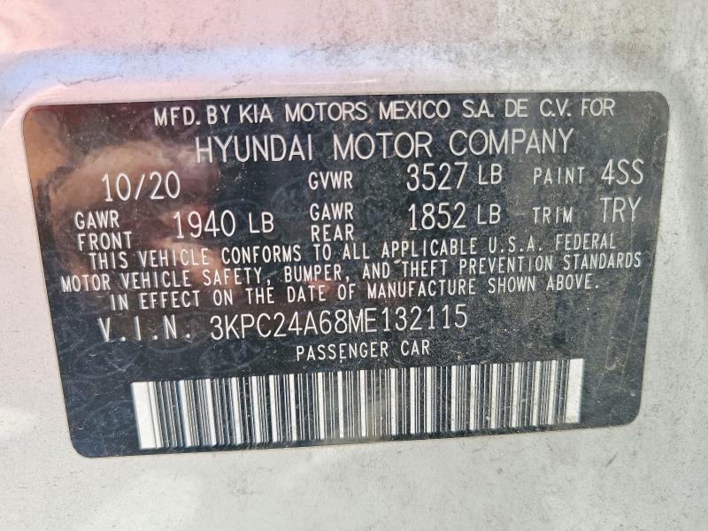 2021 Hyundai Accent მანქანა იყიდება აუქციონზე, vin: 3KPC24A68ME132115, აუქციონის ნომერი: 53240746