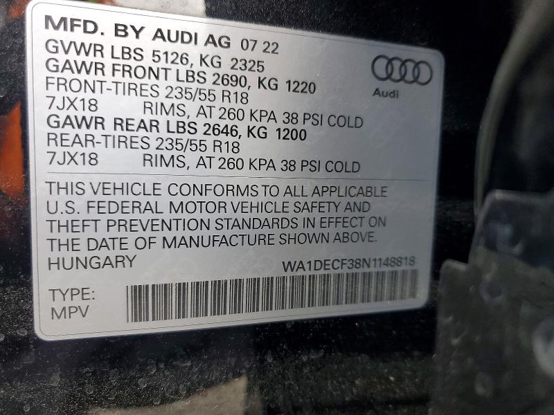 Продаж на аукціоні авто 2022 Audi Q3, vin: WA1DECF38N1148818, номер лоту: 54636906